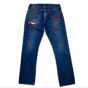 True Religion Geno Jeans • Made in USA • Distressed Red Repair Stitch Y2K Denim